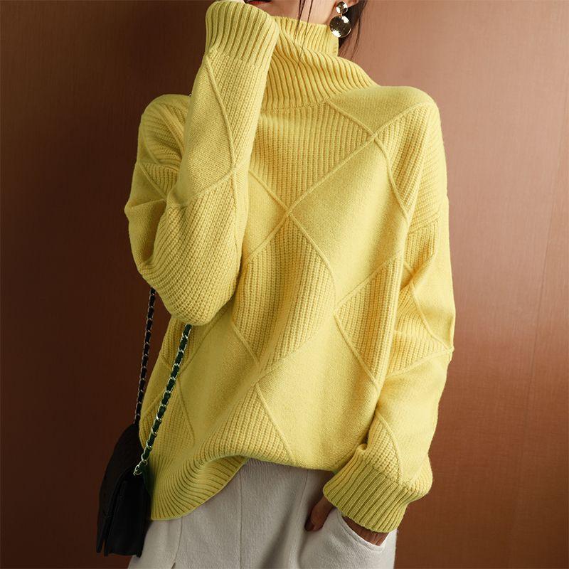 Autumn Winter Women's Plus-size Wool Sweater Loose Turtleneck Sweater Pullover Solid Color Wool Knitted Top