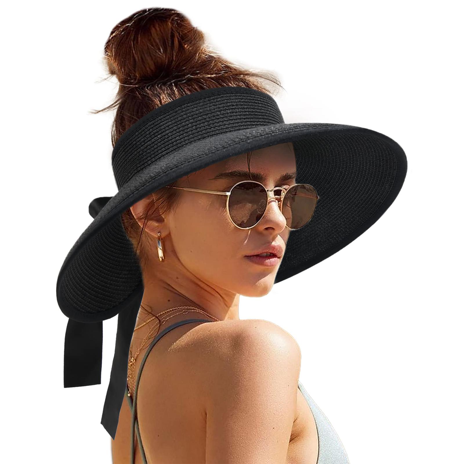 

Wide Brim Straw Visor Hat for Women Adjustable Roll Up Sun Hat UV Protection Packable Open Top Design for Outdoor Activities One Size чёрный