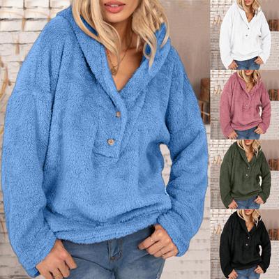 Women Casual Plus Size Loose Hoodie Plush Button Solid Color Loose Sweater Top
