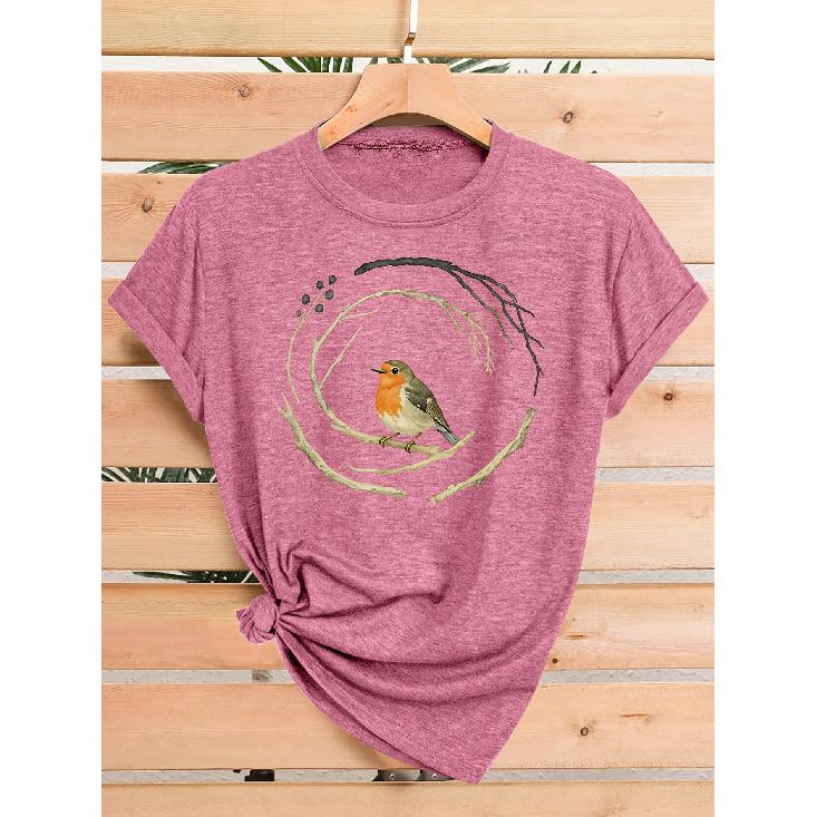 Wren standing in a circular branch pattern print, fashionable and elegant women's spring, summer, autumn casual sports style top, soft and