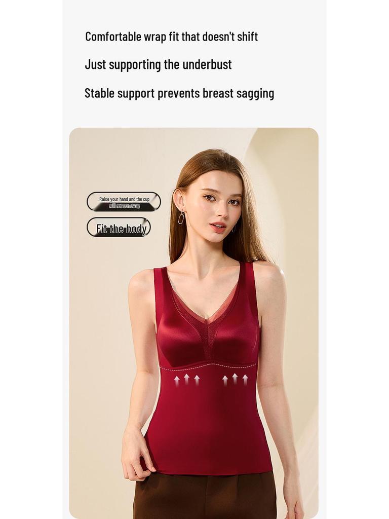 Satin Mesh V-Neck Warm Underwear with Fixed Cup Padding, Micro-Brushed Innerwear.