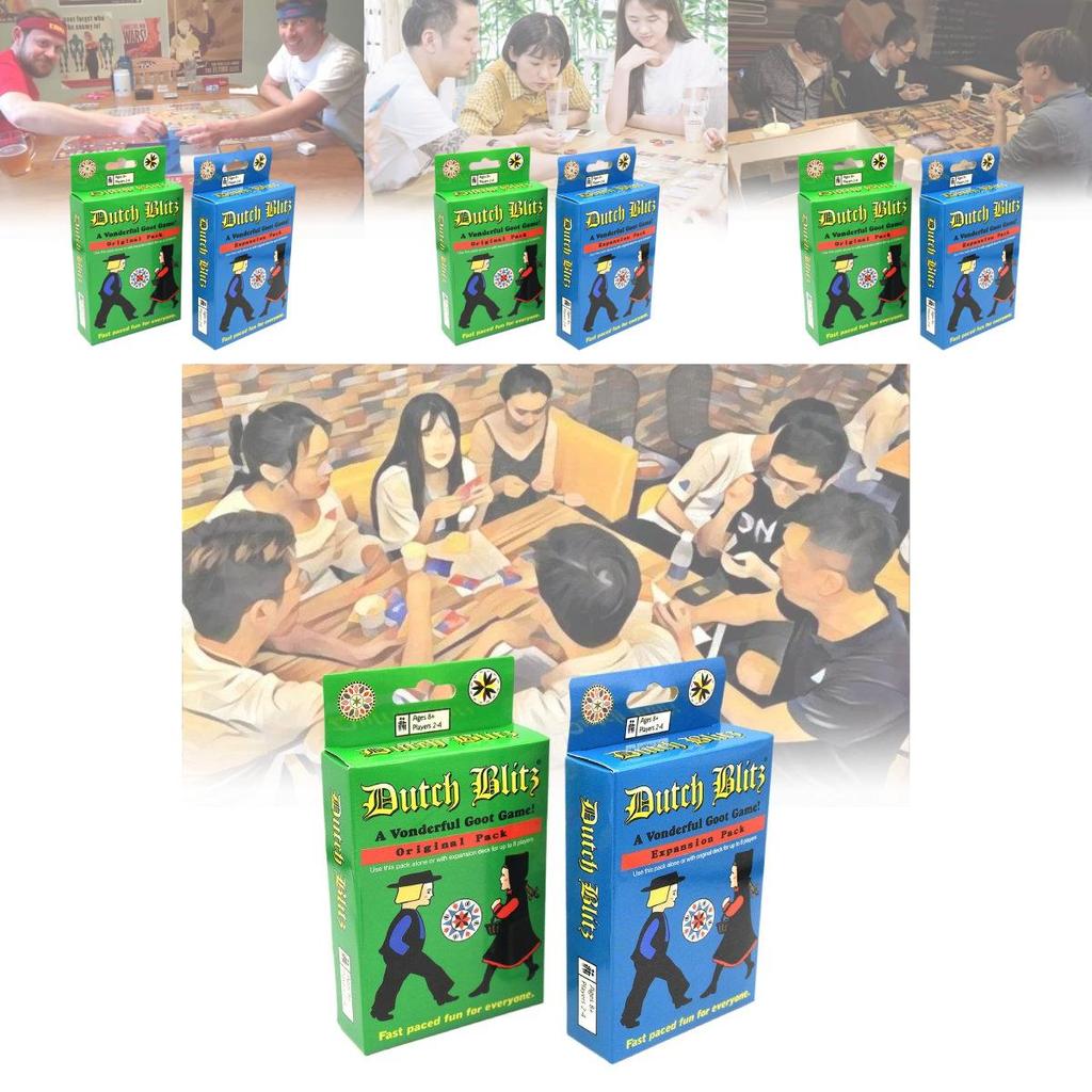 Joc de cărți captivant Dutch Blitz pentru distracție în familie, cu cărți colorate în albastru și verde