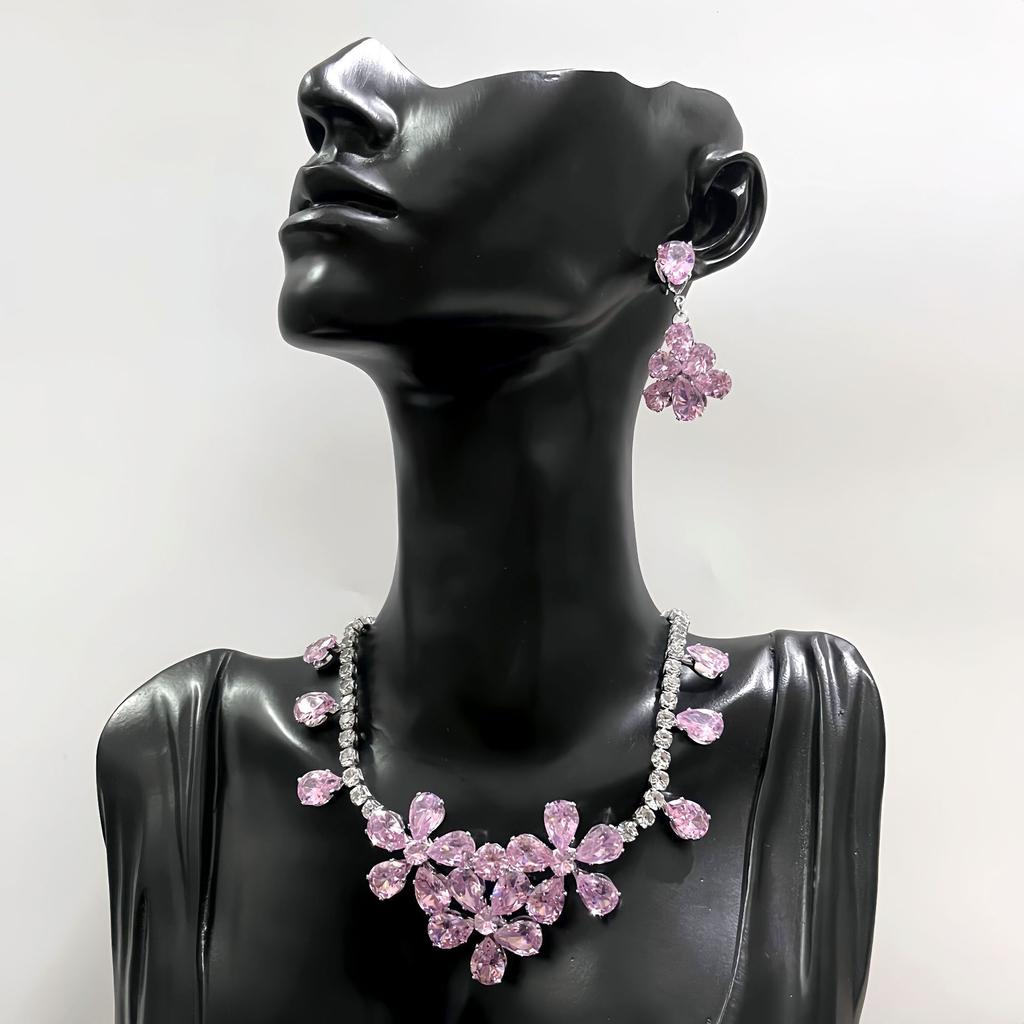 Zircon Flower Stud Earrings Necklace Two-Piece Set Light Luxury High-End Temperament Collarbone Chain Jewelry Women