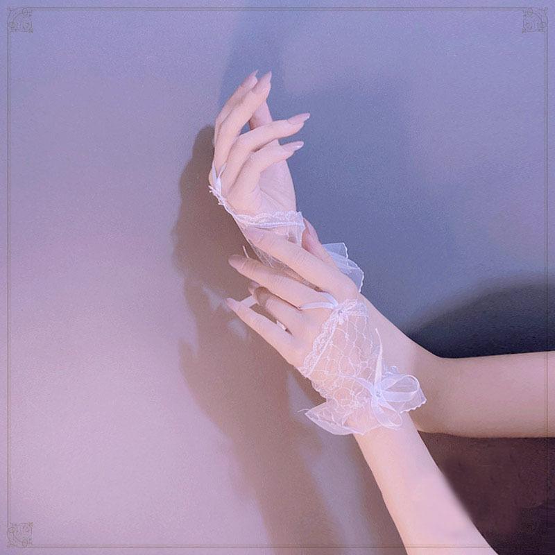 Sex Gloves Sweet Mesh Lace Summer Thin Black And White Gloves Lolita Flower Wedding Dress Hand Sleeves Women