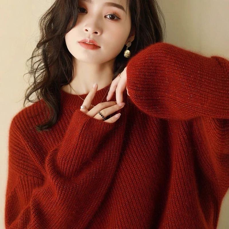 Red Bright Silk Sweater for Women in Autumn and Winter New European High-end Thickened Lazy Bottoming Sweater Retro Top