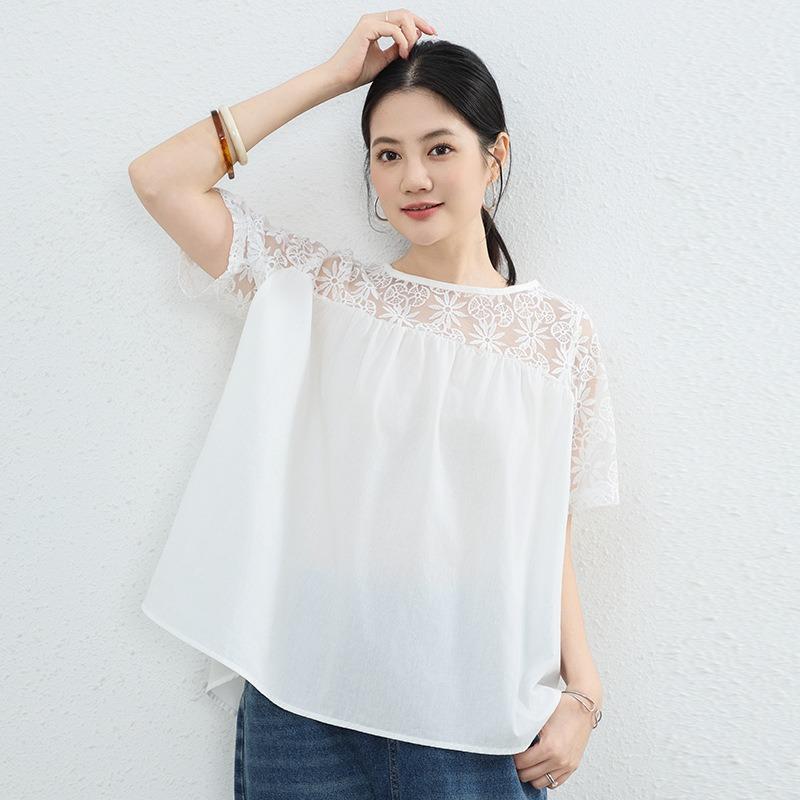 

Summer Large Size Solid Color Lace Short-sleeved Shirt Top Stitching Loose T-shirt S білий