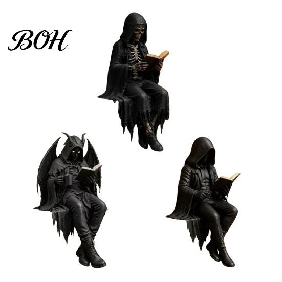 Skeleton Reader Figurine Gothic Dark Fantasy Figure, Reading Book Statue, Academy Bookshelf Ornament Home Decor for Library Office Study Room