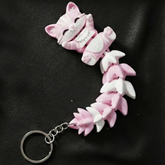 Keychain Cartoon Cat Fox Design with Metal Ring Keychain Pendant 3D Printed Movable Joints Flexible Body
