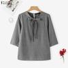 ZANZEA Women Plaid Print Casual Round Neck 3/4 Sleeve Blouse