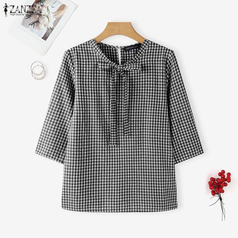 ZANZEA Women Plaid Print Casual Round Neck 3/4 Sleeve Blouse