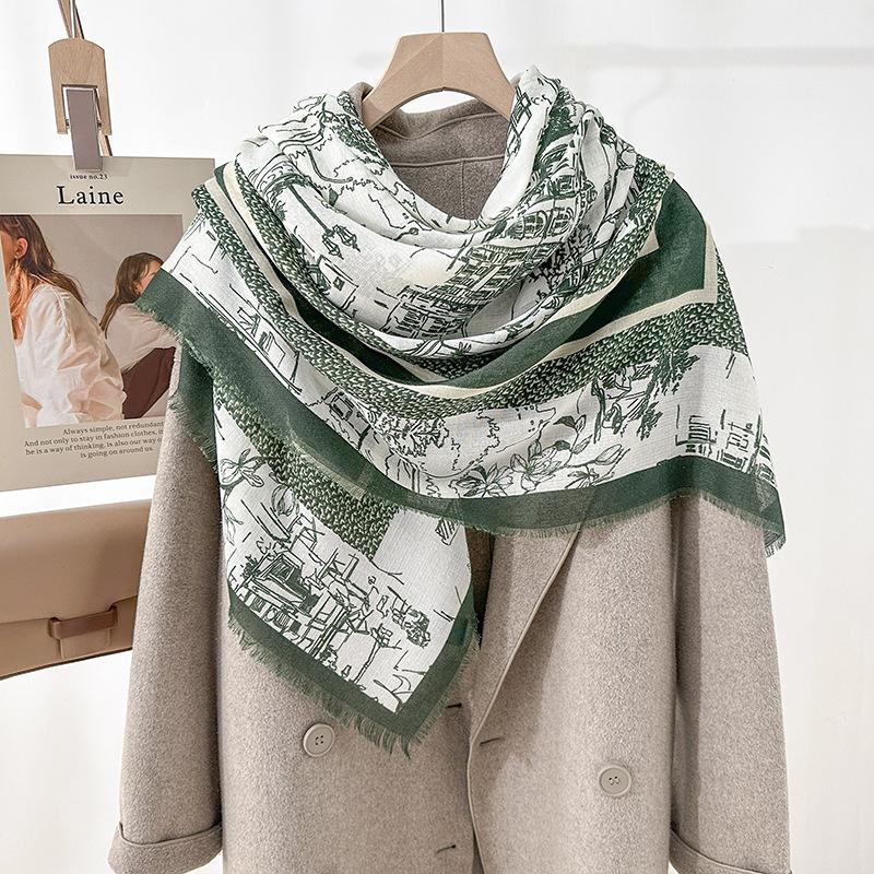 Niche retro plant flower printing square scarf high-end sense dismantling beard large square scarf autumn and winter fashion outer shawl