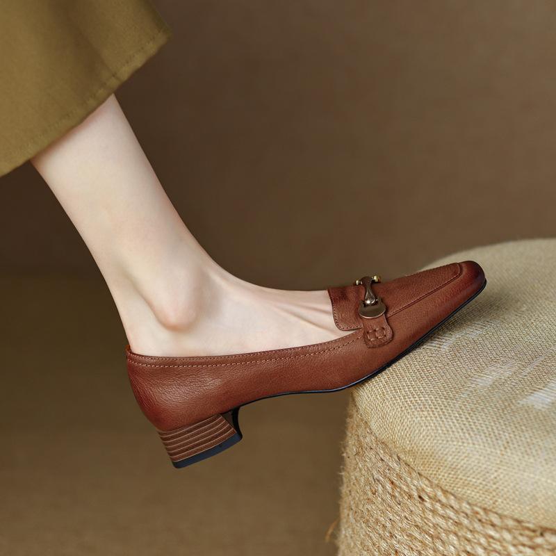 Retro Leather Shoes - New Women's Style, Versatile, Thick Mid-heel, Shallow Toe, Single Shoe