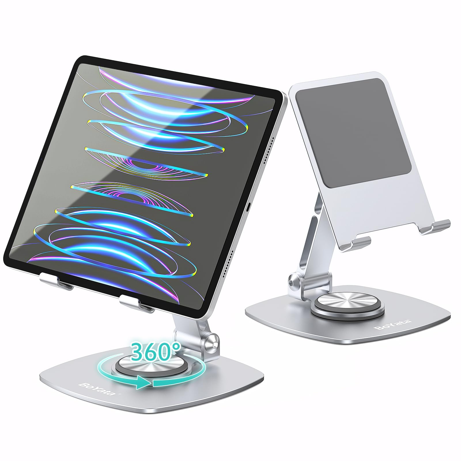 

BoYata Tablet Вращающийся iPad Смартфон Настольный планшет Мини Высота Угол Эргономичный Совместимость с HD до 13 дюймов Подставка, Подставка на 360°, Подставка, серебряный
