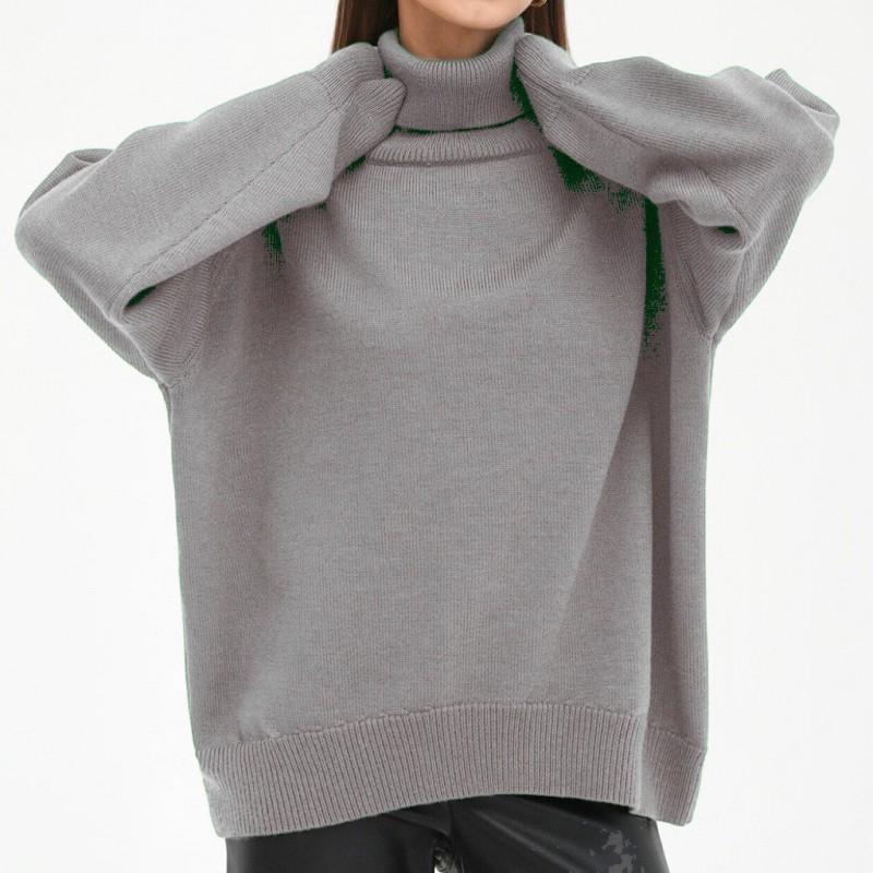 Womens Solid Color High Neck Knit Sweater Loose Fit Winter 2026 Casual Streetwear Long Sleeve Pullover