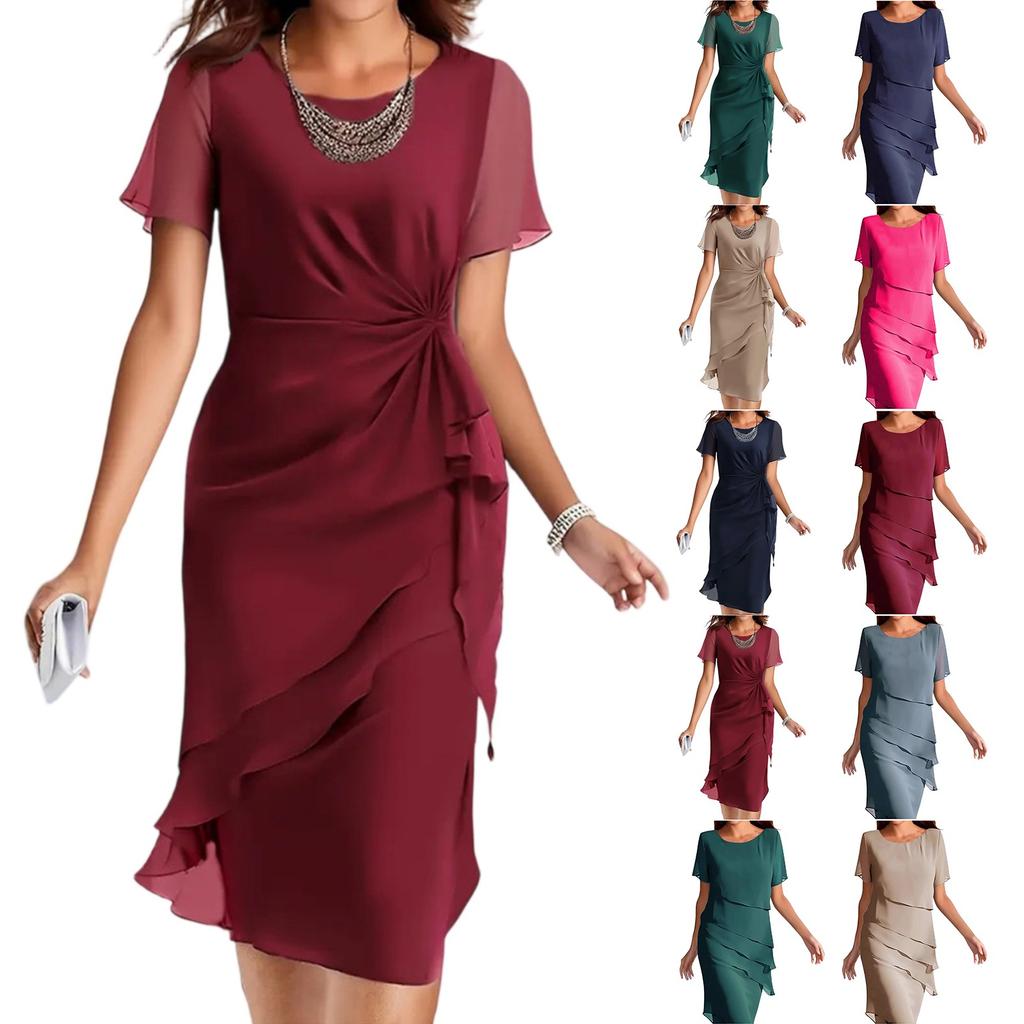 Women's Summer Dress Slim Fit Dress Solid Color Chiffon Round Neck Short Sleeved Dress