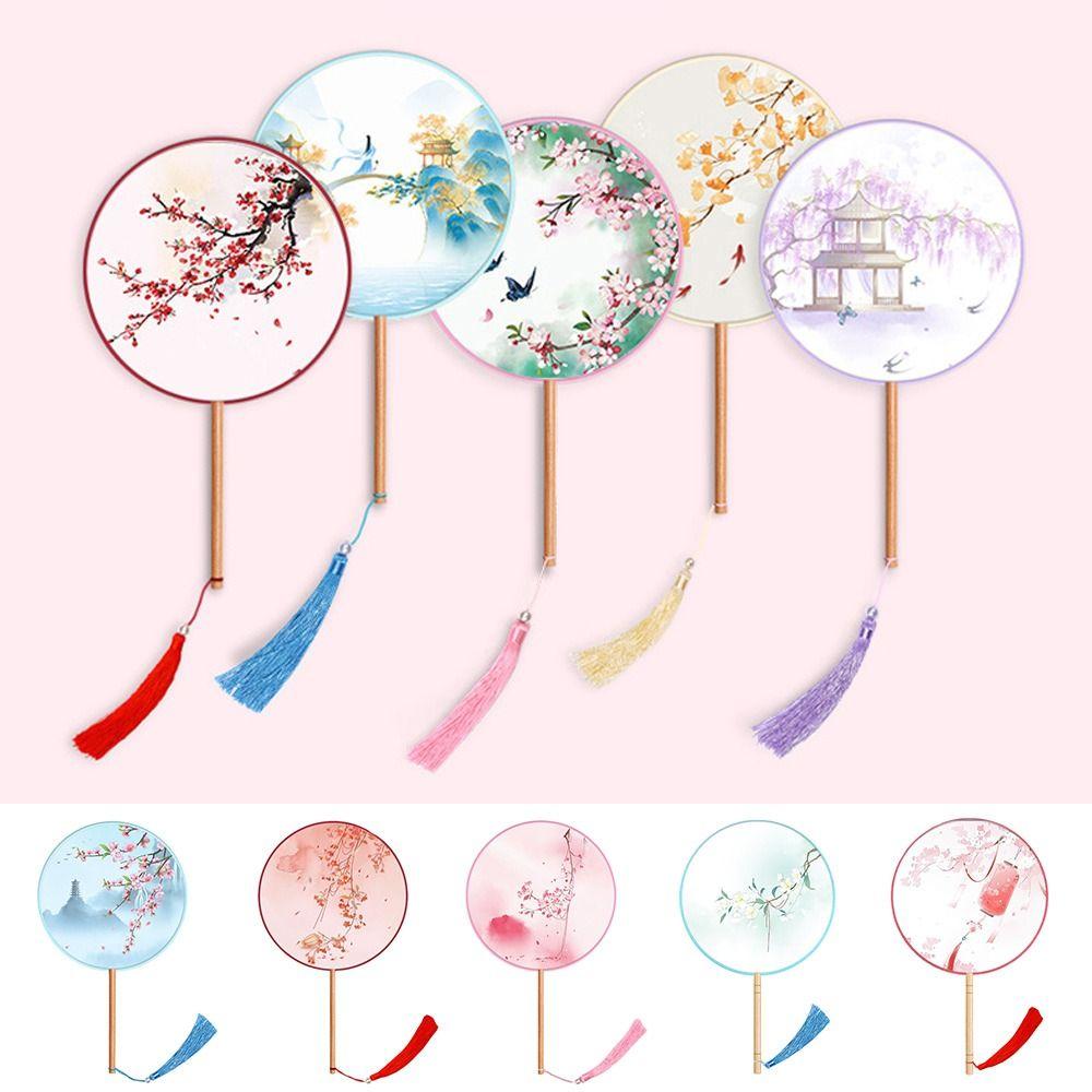 Half Transparent Round Hand Fan Long Handle Silk Fan Hanfu Embroidered Fan  Dance Performance