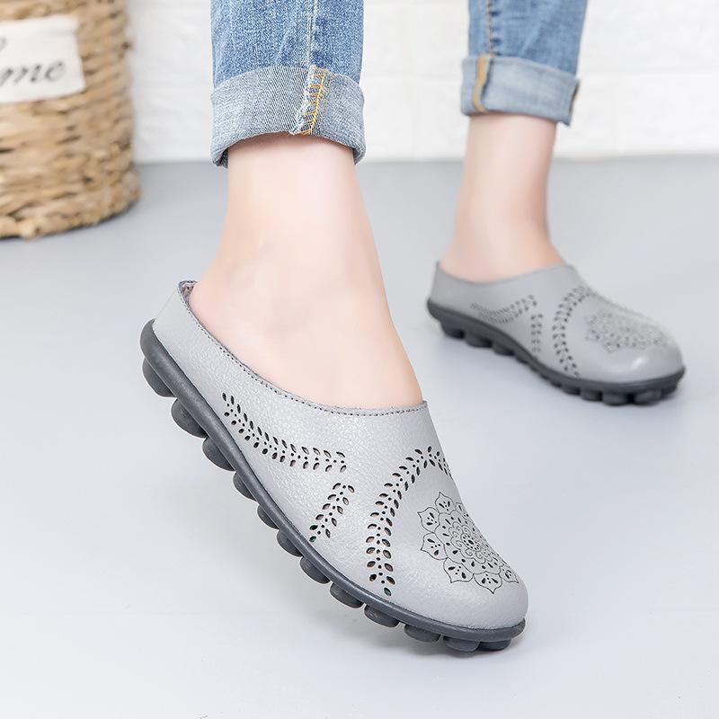 Large size hole shoes women's cowhide comfortable non-slip hollow slippers mother shoes casual home Doudou women's single shoes