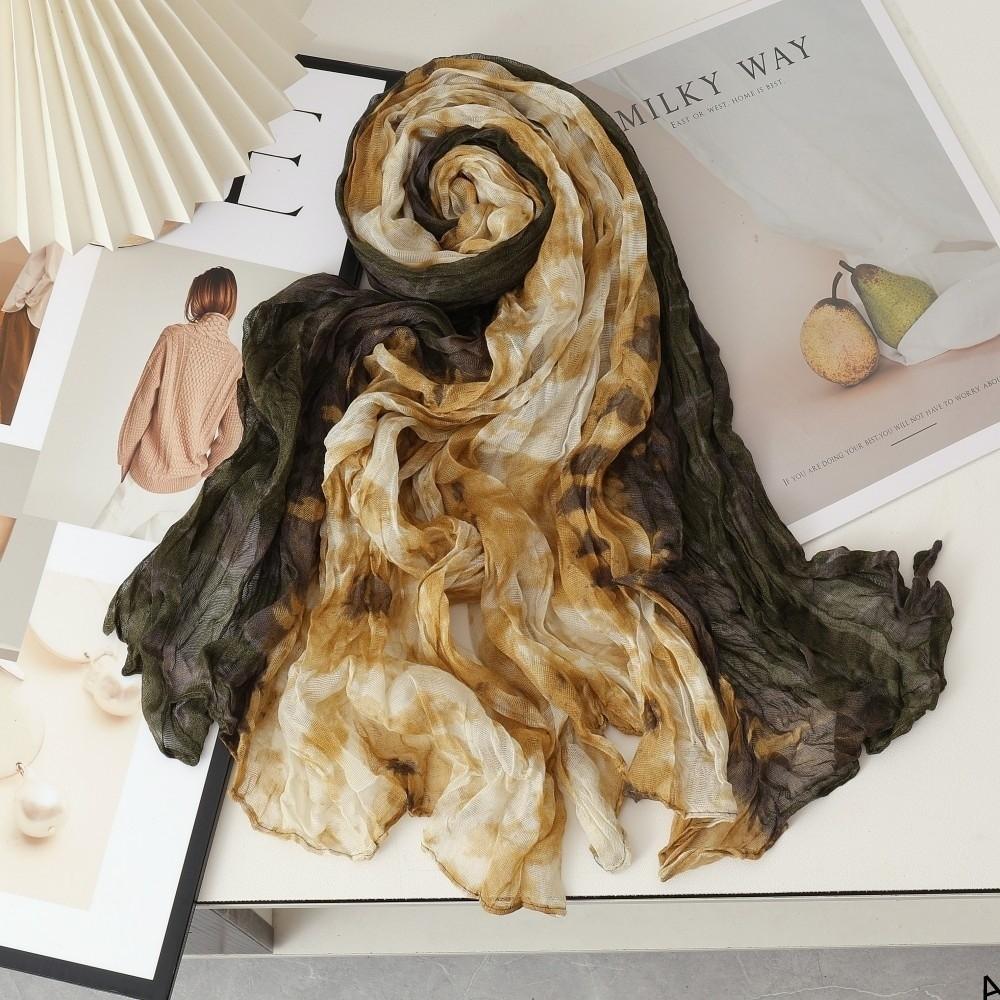 Tie Dye Gradient Cotton Linen Scarf Vintage Retro Pleated Printed Scarf Luxury Brand Designer Long Shawl Wrap For Autumn Winter