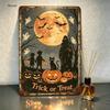 Vintage Metal Halloween Sign, Trick Or Treat Wall Art with Jack-O-Lanterns, Black Cat, Ghosts, Bats, Rustic Spooky Decor