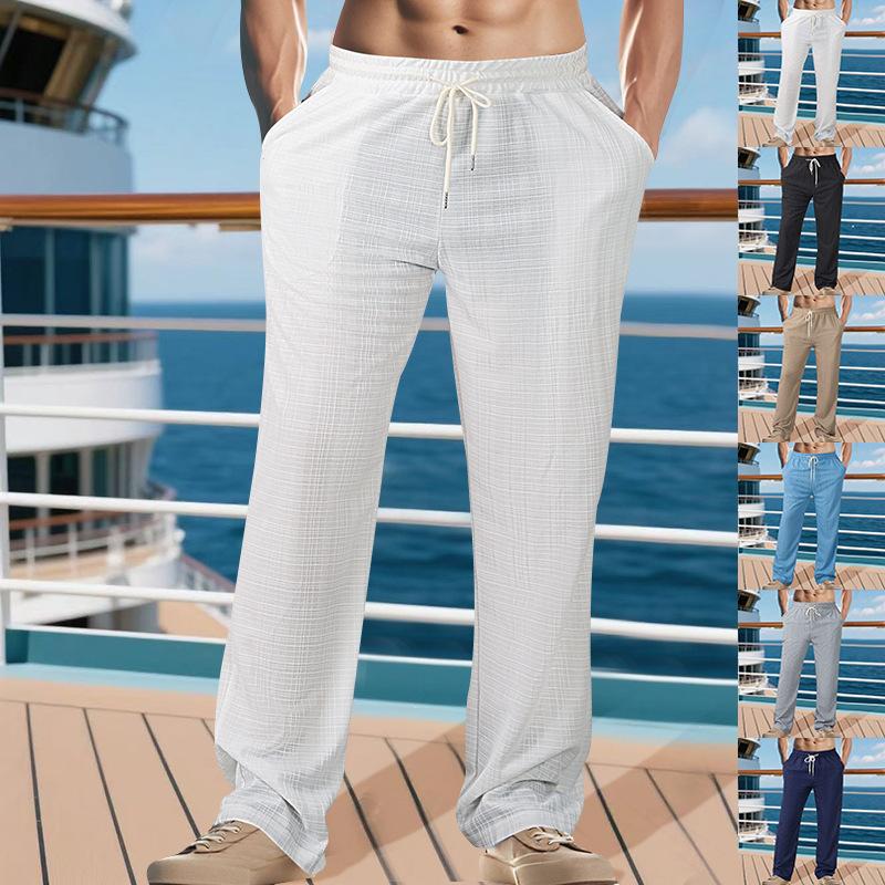 Men's Breathable Imitation Hemp Small Square Beach Trousers Loose Casual Sports Straight Leg Pants