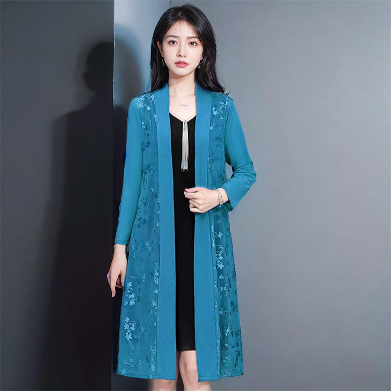 

Жаккардовый шелк Ice Silk, весенне-летняя солнцезащитная одежда, женская кружевная шаль, сетчатый кардиган средней длины, тонкая куртка 5XL синий