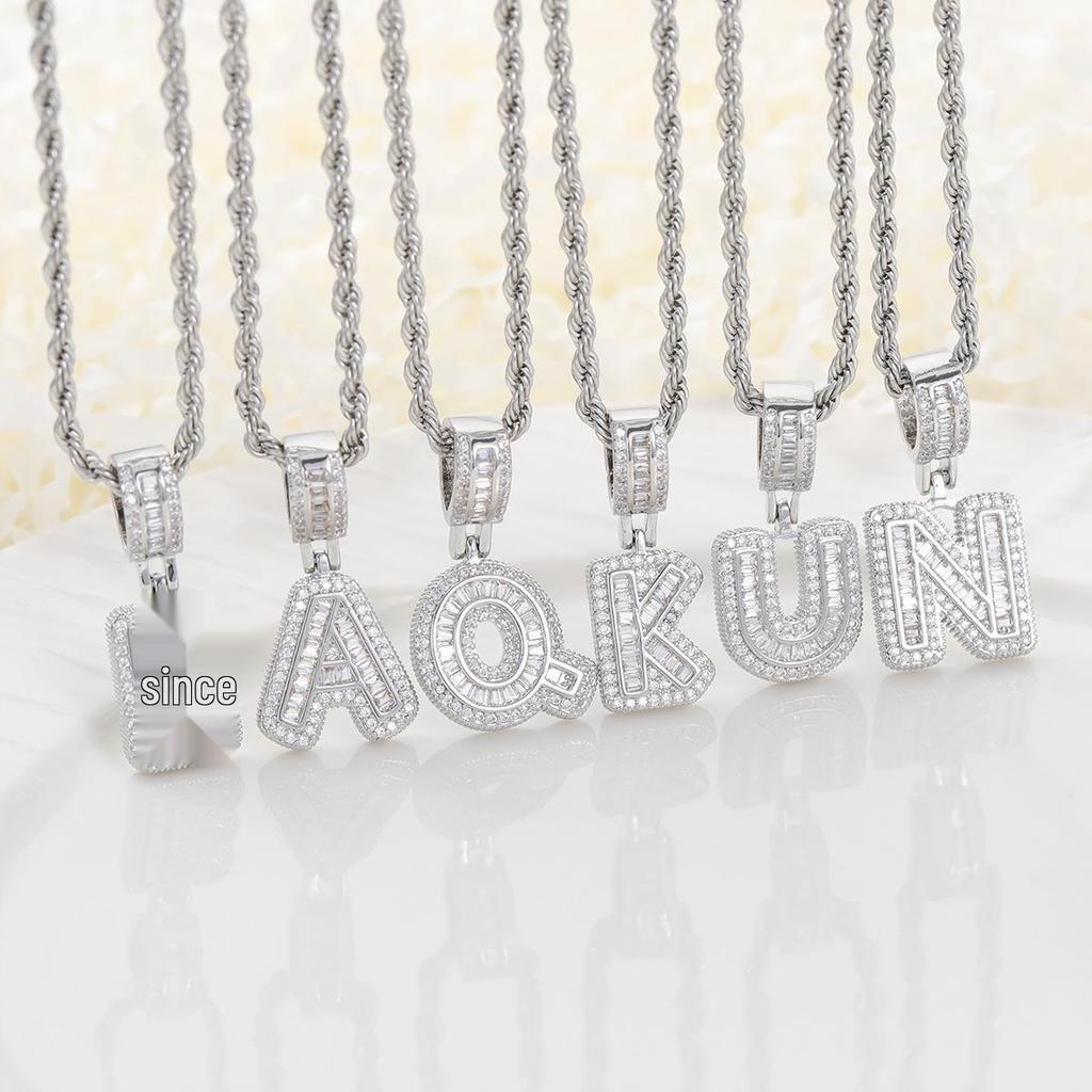 European & American Rock Candy Zircon Hip Hop Necklace with English Letter Pendant for Men