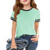 Girls Fashion Short Sleeve Round Neck Color Blocking Casual T-Shirt Top
