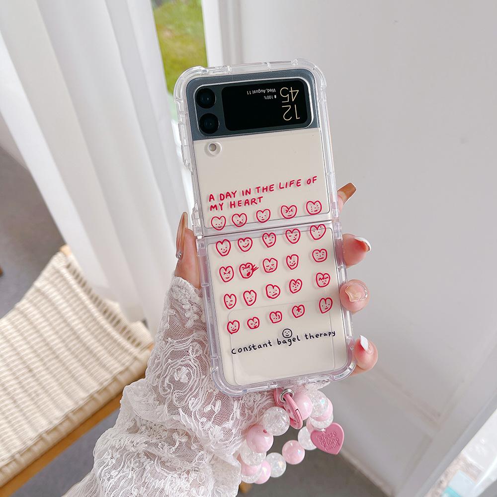 For Samsung Galaxy Z Flip 4 3 Case Love Heart Pattern Painted Transparent Silicone Bracelet Folding Shockproof Cover Accessories