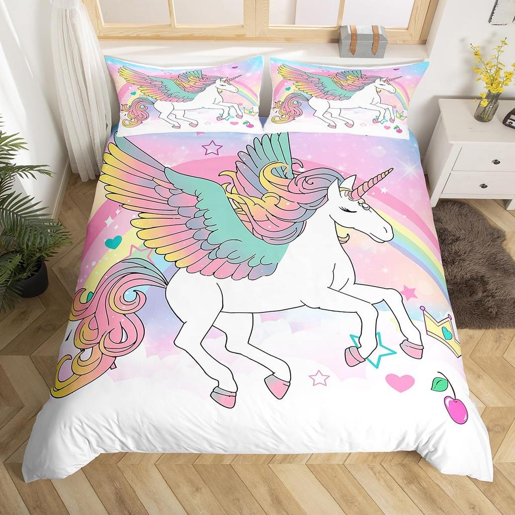 Cartoon Unicorn Duvet Cover Floral Rainbow Quilt Cover Microfiber 3D Girl's Eyelash Bedding Set Full For Kids Teen Kawaii Room