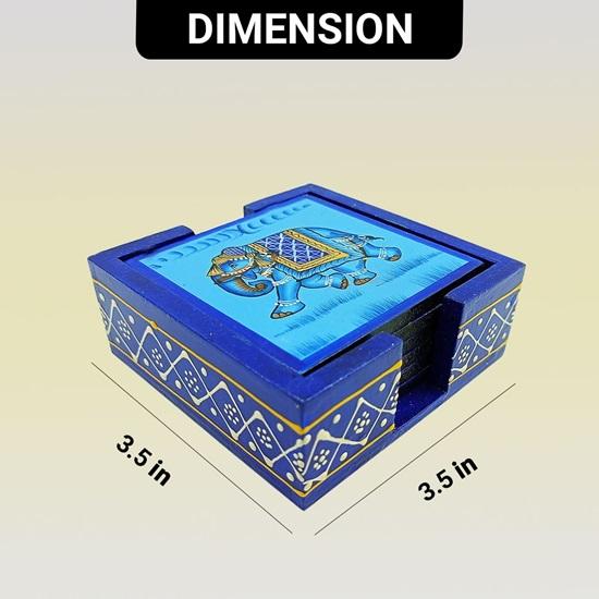 Wooden Drink Coaster Set With Decorative Holder Home Décor Tabletop Rajasthani Elephant Coasters For Tea Coffee Mugs Cup Beer Cans Bar Glass-Set of 6