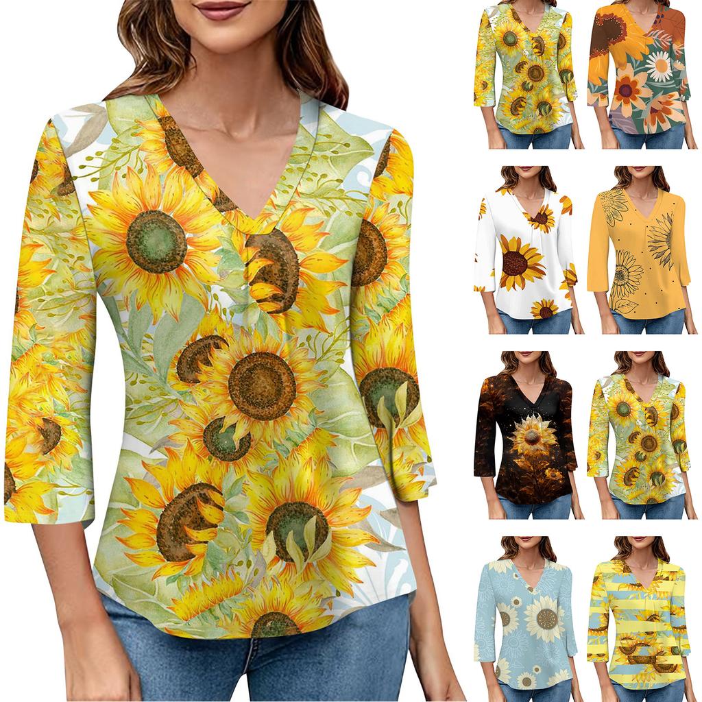 Women's V-neck Gradient Print Three-quarter Sleeve Fashion Top