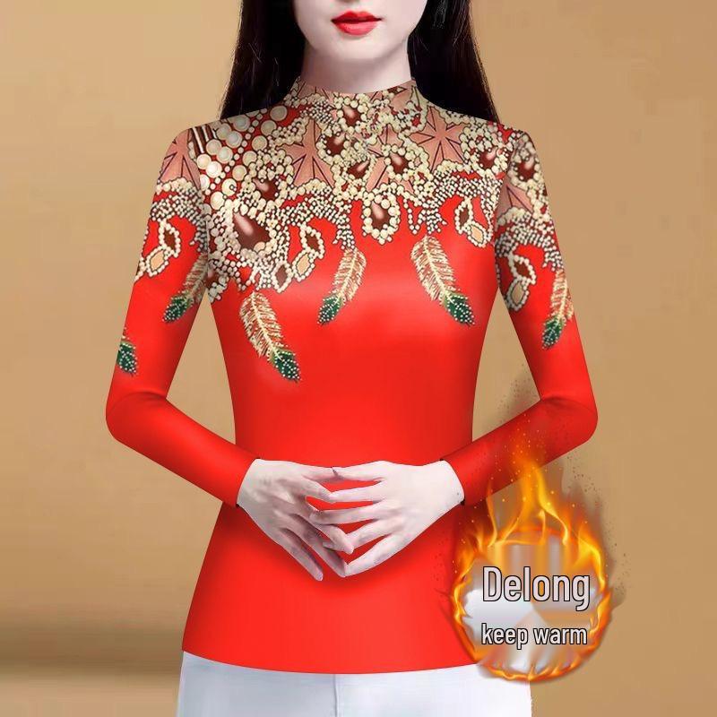 Mom's Autumn/Spring Long Sleeve Semi-High Neck Fleece Lined Shirt - High-End Print Tummy Covering T-Shirt Top