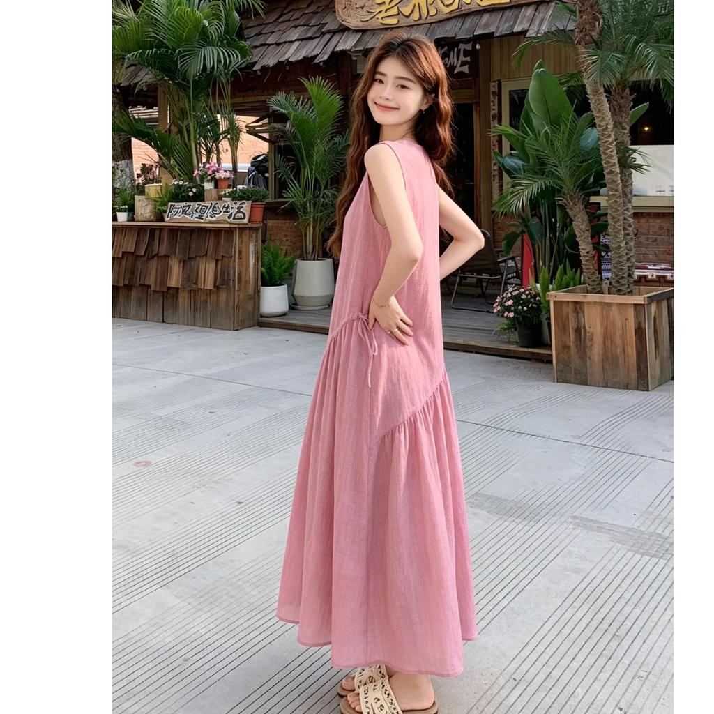 Lazy Wind Pink Cotton and Linen Sleeveless Dress Women's Summer Loose and Thin Temperament Vacation Travel Photo Long Dress Tide