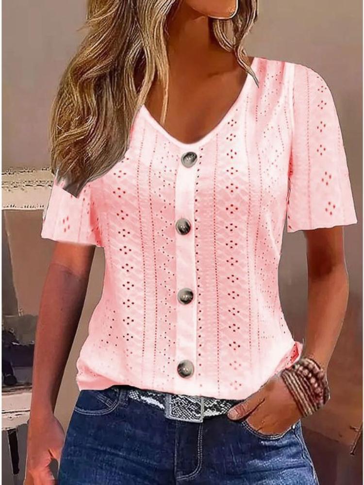 Autumn New Style Pure Color Jacquard V-neck Button Short-sleeved T-shirt Top