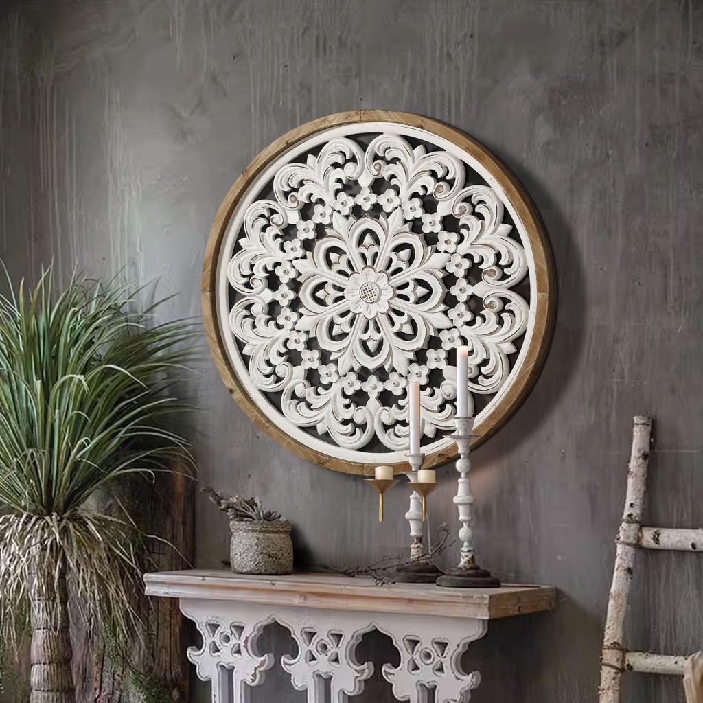 European framed wall circular carved board bedroom wall decoration pendant