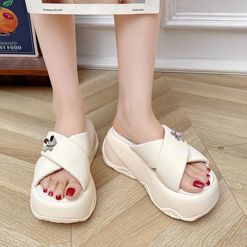 Fashion 8CM Heels Chunky Slippers For Women Open Toe High Platform Leather Sandals Woman 2025 New Summer Thick Bottom Beach Flip Flops