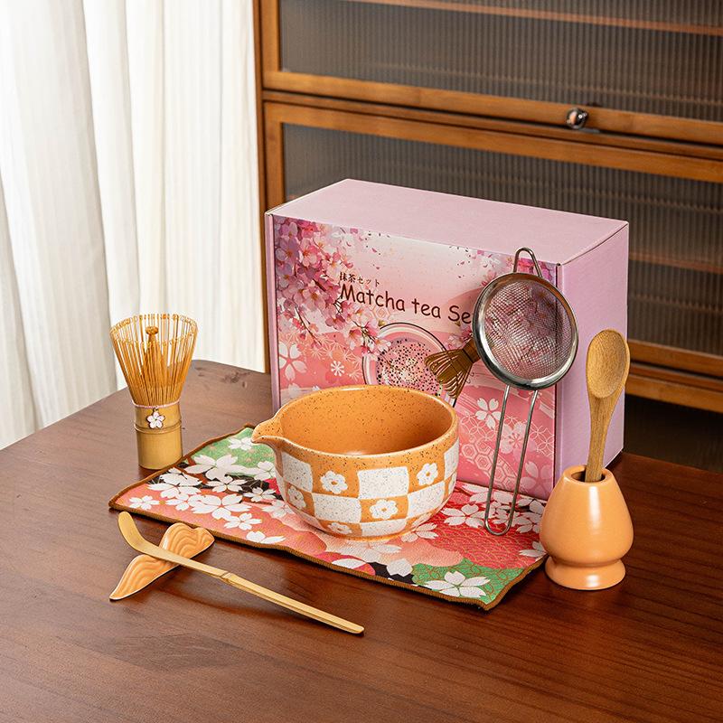Pink Matcha Set, 8 Pcs Matcha Kit, Cherry Blossom + Plaid Pattern Matcha Bowl Set Matcha Starter Kit for Matcha Lovers