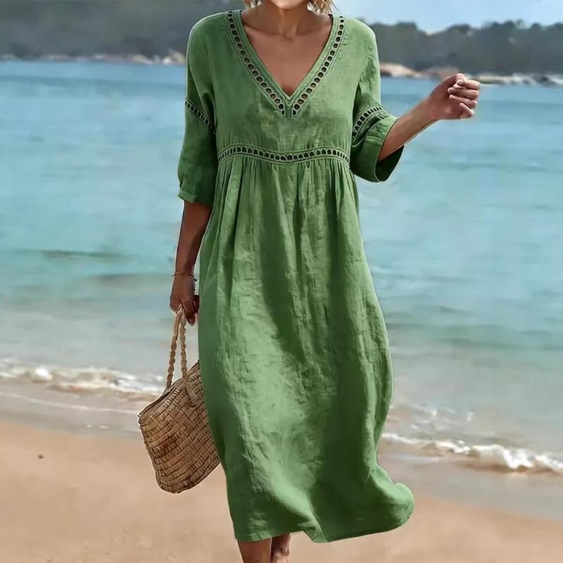 VEZFAA Women's Fashion Summer Spring Solid Color Print 1/2 Sleeves V-Neck Loose Waistline Casual Dresses