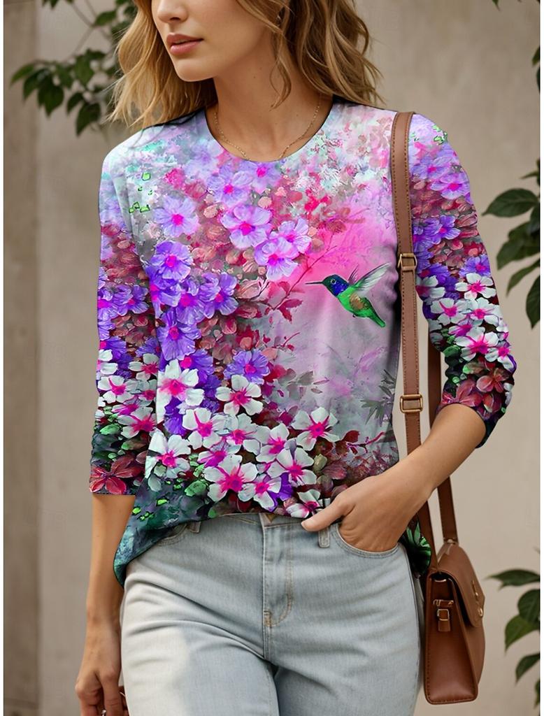 Women's T-Shirts Floral Graphic Bird Tees Fashion Stylish Long Sleeve Crew Neck Regular Tops 3D Printed Summer Casual Pullover
