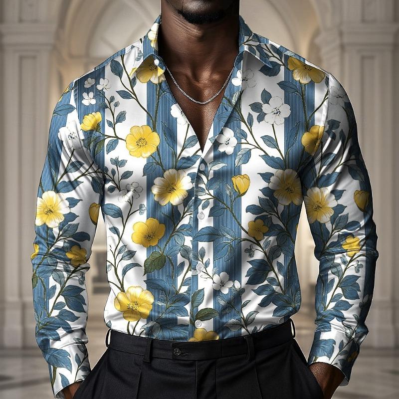 Herren gestreiftes Blumenmuster Hemd Langarm Mode Freizeit Urlaub Frühling Herbst Umlegekragen 3D-Druck Knöpfe Hemden