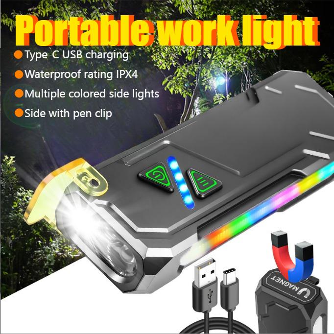 RGB Flashlight USB Rechargeable Color Changing Multi Mode High Brightness Built in Battery for Camping Construction Emergency