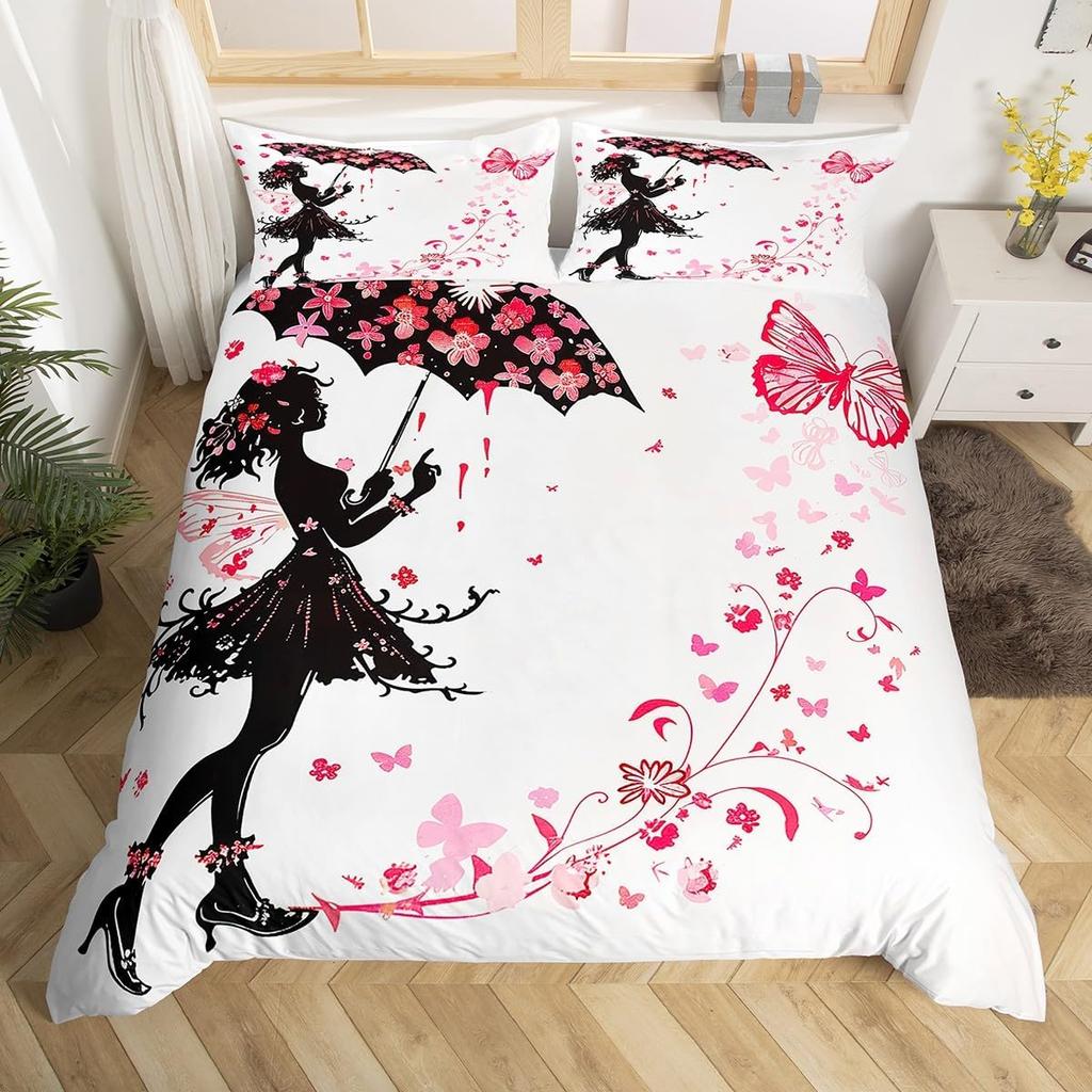 Fairy Girl with Wings Bedding Set Garden Fantasy Floral Duvet Cover Flying Butterfly Comforter Cover Colorful Flower Quilt Cover