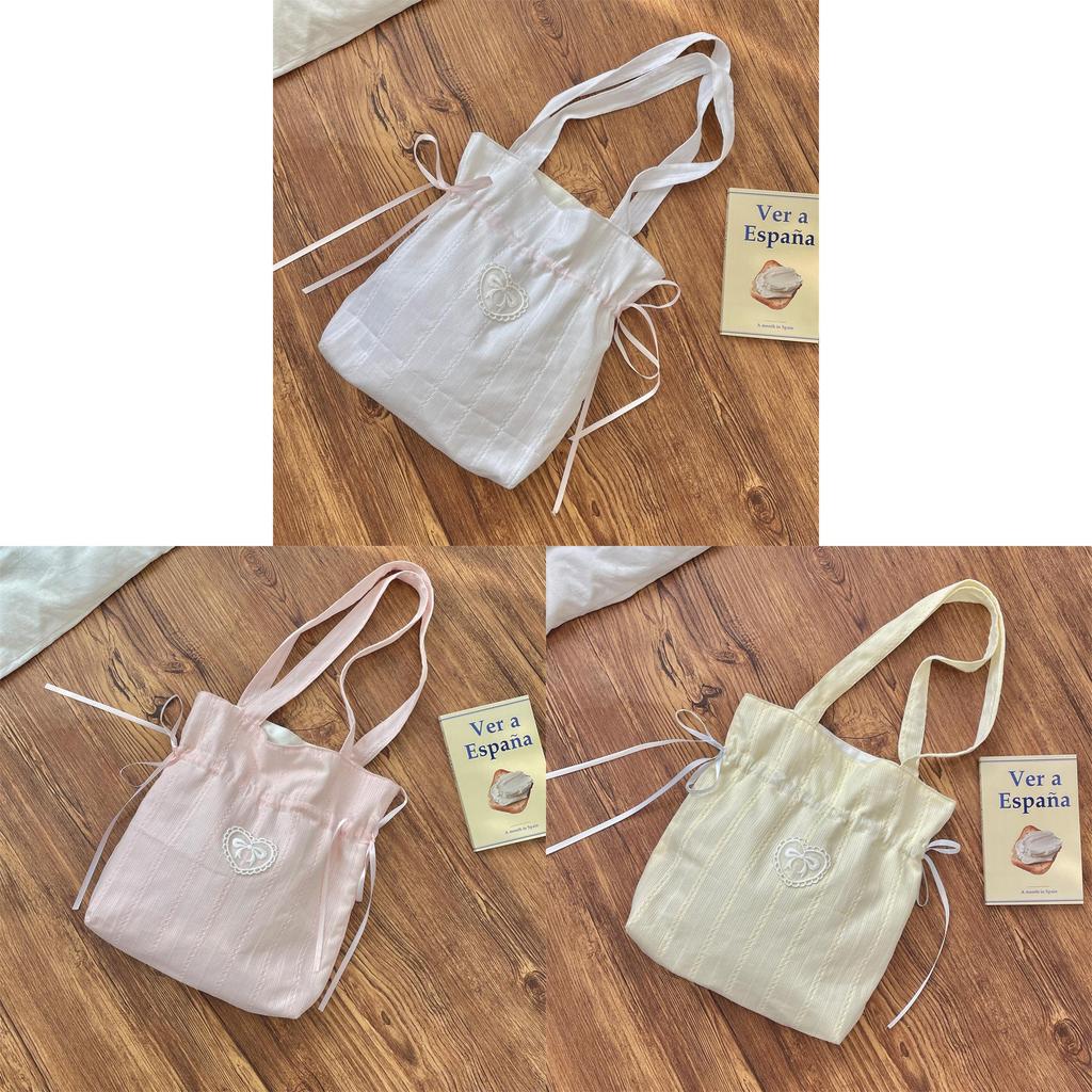 Girl Heart Bowknot Shoulder Bag With Drawstring Cotton Tote For Daily Use