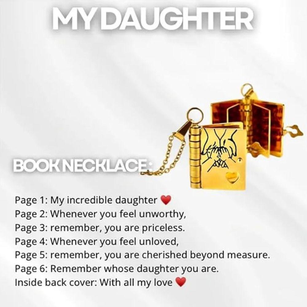 Openable Daughter Book Necklace Stainless Steel Gold Color Message Mini Book Pendant Necklace with Pages of Engraved Information