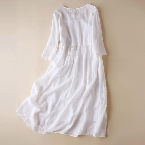 Summer Retro Ethnic Style Embroidery Print Midi Dress O-neck Long Sleeve Buttons Half Placket A-Line Mid-calf Length Casual Dress