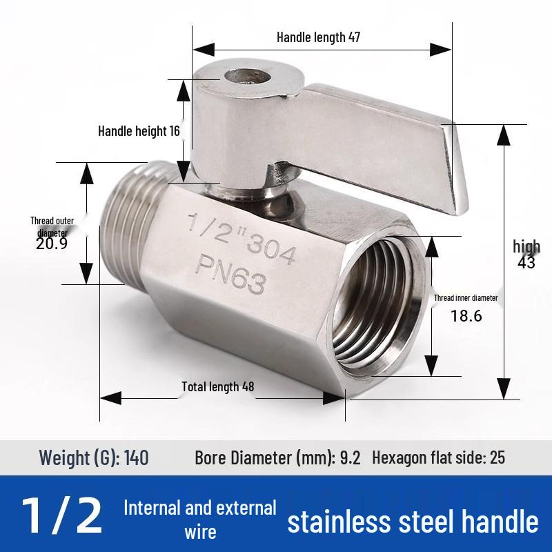 Mini Ball Valve 304 Stainless Steel, Internal/External Thread, 6/4 Points