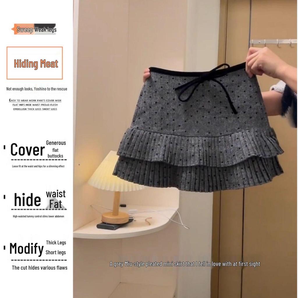 Plus Size A-line Polka Dot Wool Pleated Skirt - High Waist, Slimming, Spring/Autumn Wear