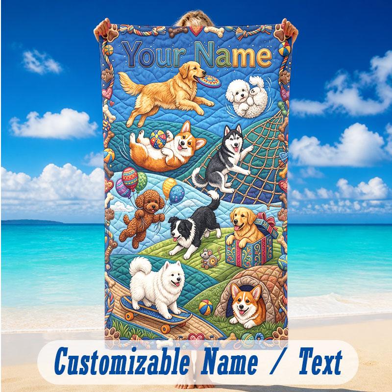 Dog Theme Beach Towel Personalized Custom Name & Text Soft Quick Dry Beach Towel for Swimming Travel