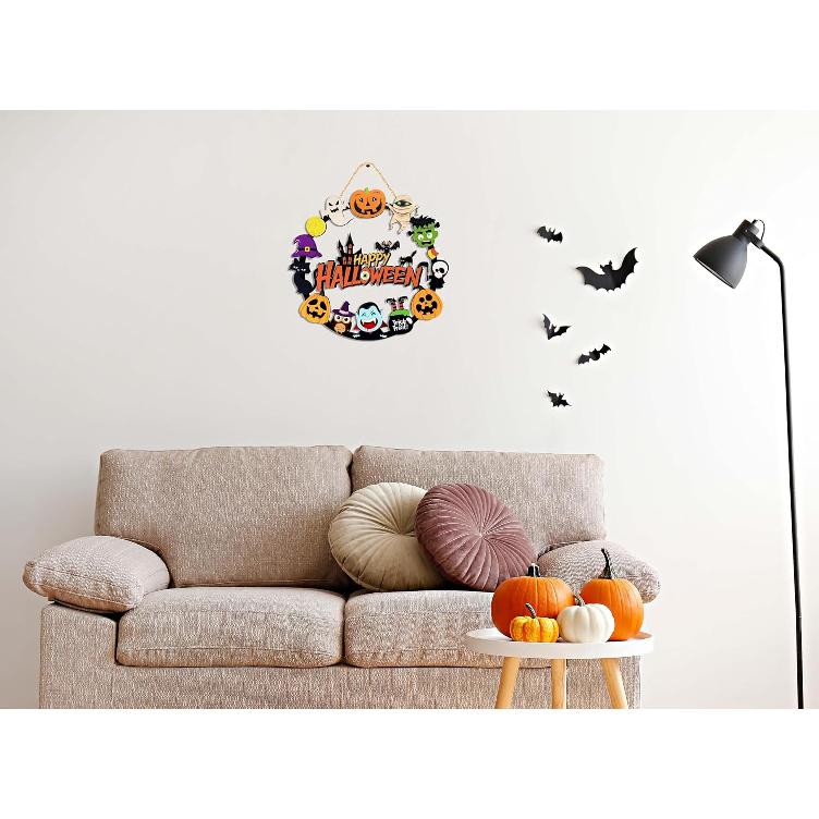 Halloween Decorations Wooden Pumpkin Ghost Door Wreath for Front Door Sign, Cute Happy Halloween Door Hanging Sign Outdoor Indoor Wall Home Decor