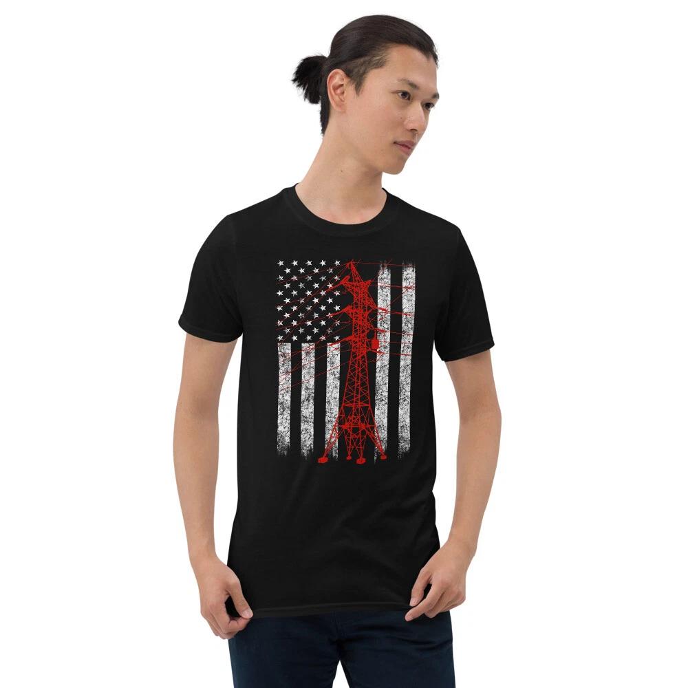 Red Transmission Tower American Flag Lineman Electrician Gift Unisex T-Shirt 3XL